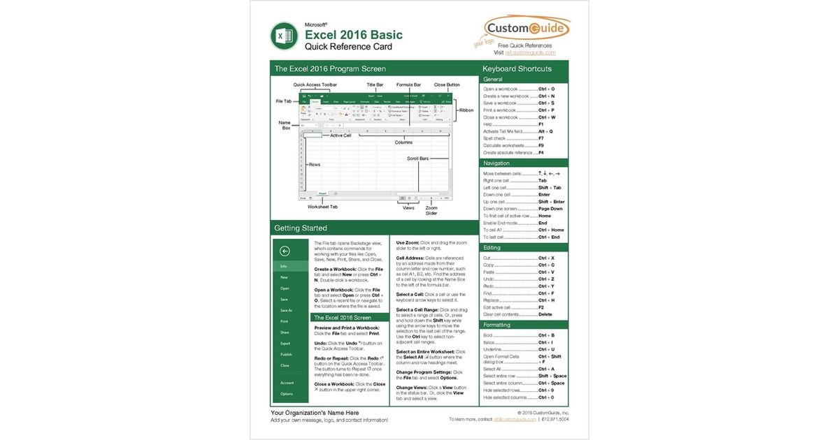 Microsoft Excel Basic Quick Reference Guide Free CustomGuide Guide