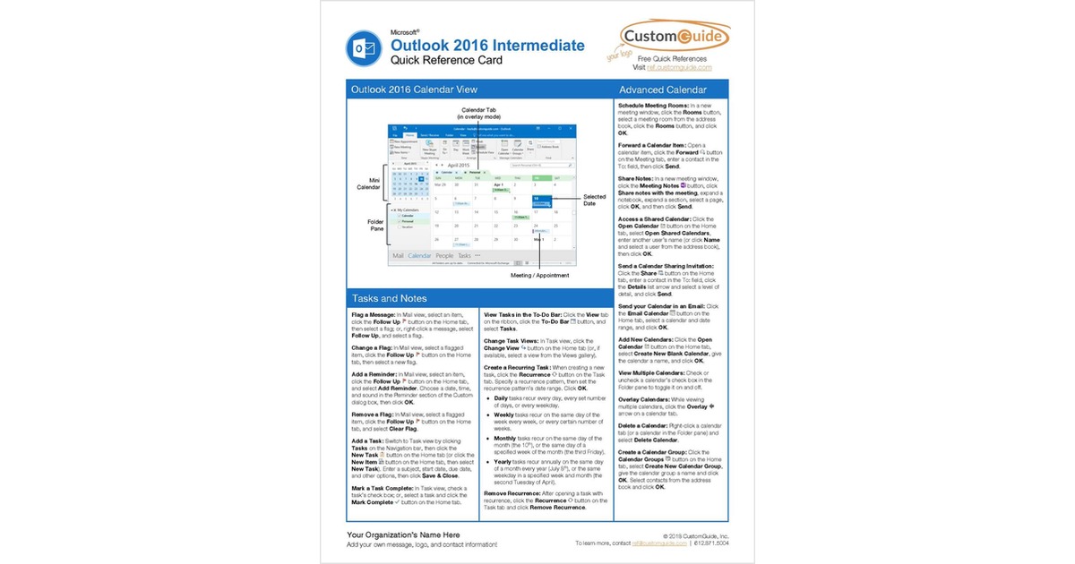 Microsoft Outlook 2016 Intermediate Quick Reference Card Free Guide