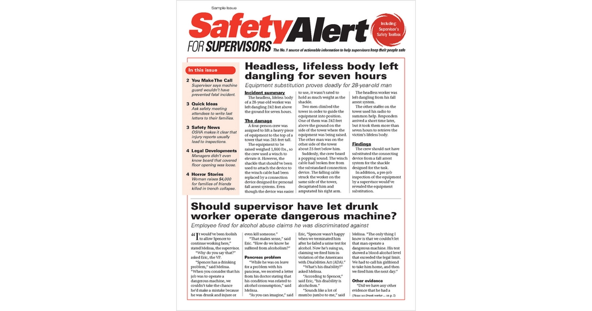 Safety Alert for Supervisors, Free Safety Alert for Supervisors