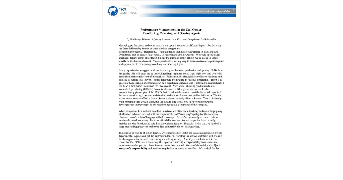 Performance Management in the Call Center: Monitoring, Coaching, and Scoring Agents