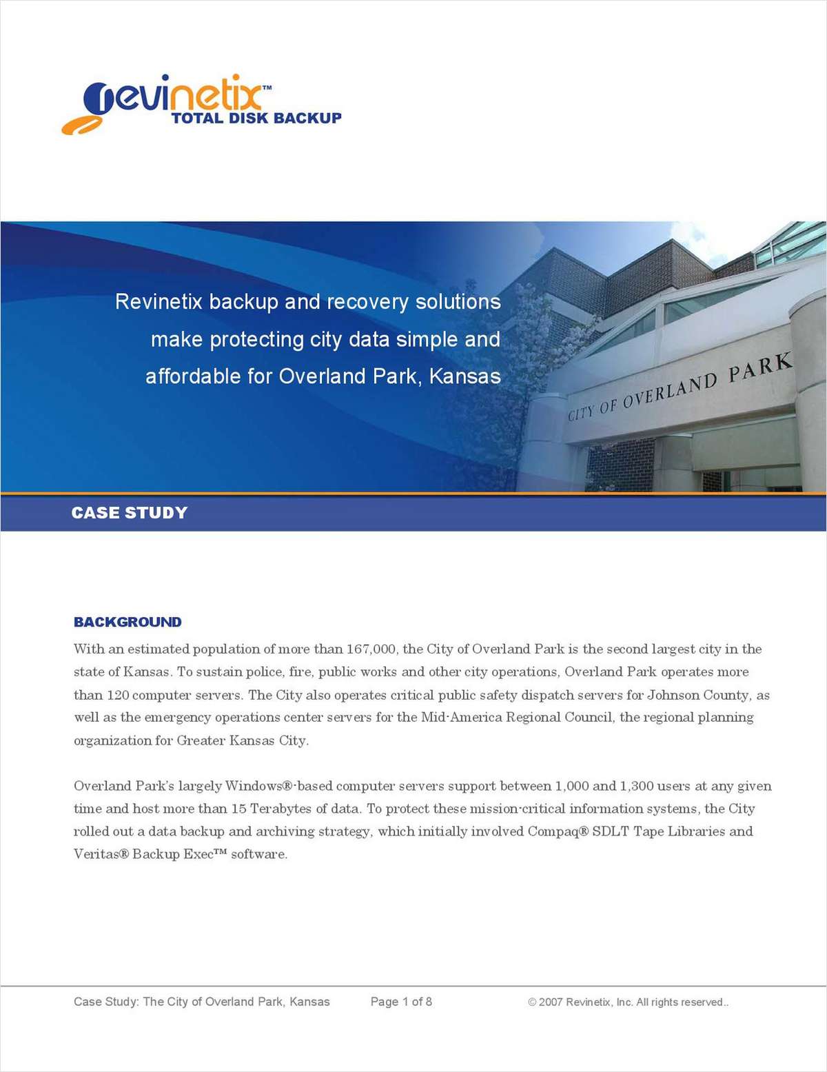 Revinetix backup and recovery solutions make protecting city data simple and affordable for Overland Park, Kansas