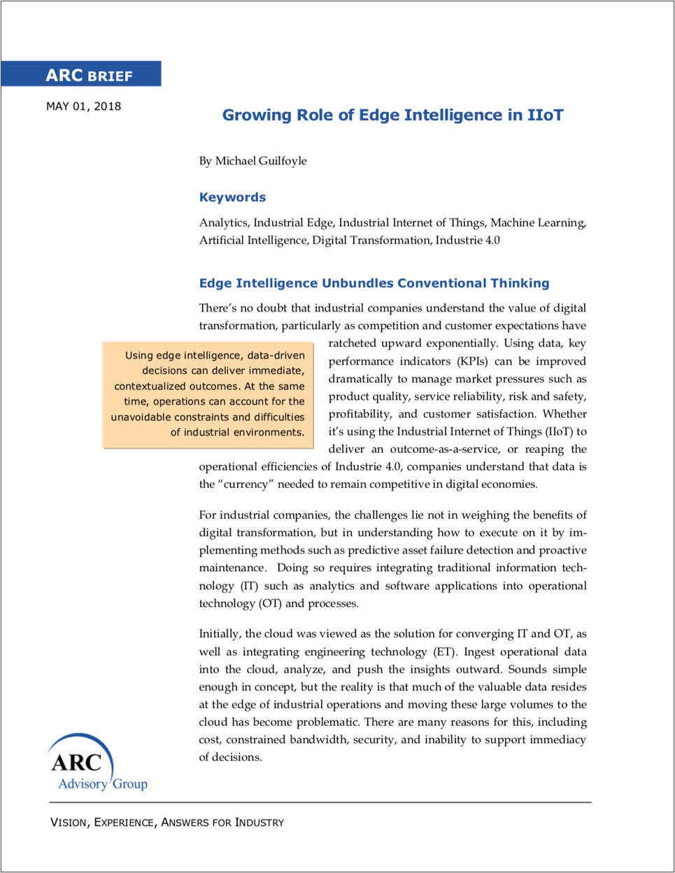 5 Hottest Topics in Edge Intelligence, Report by ARC Advisory Group