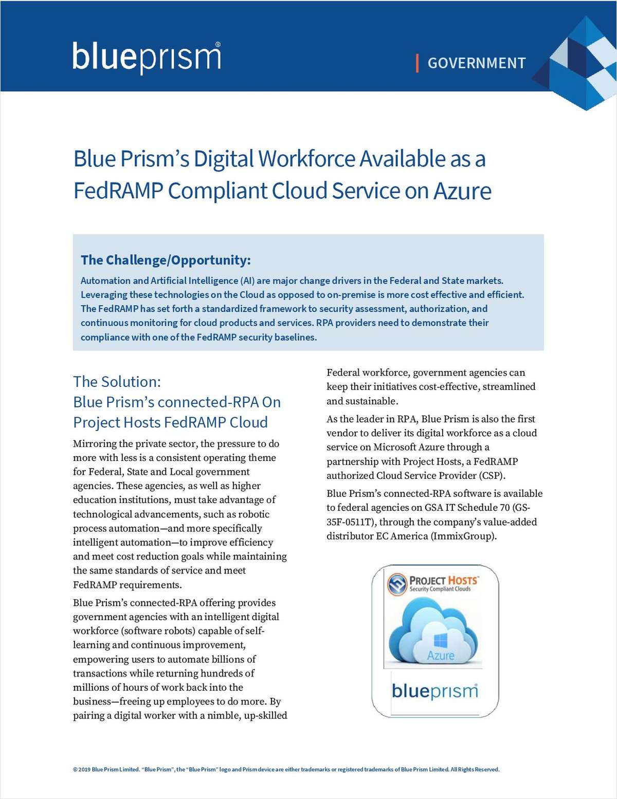 Blue Prism's Digital Workforce Available as a FedRAMP Compliant Cloud Service on Azure