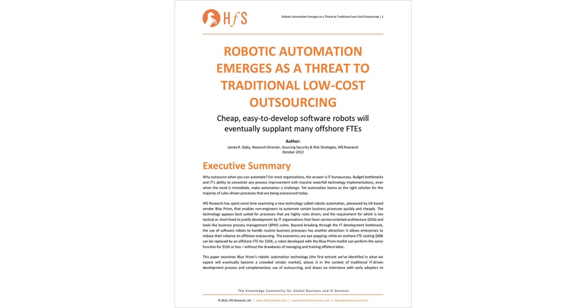 Robotic Automation emerges as a threat to traditional low-cost outsourcing