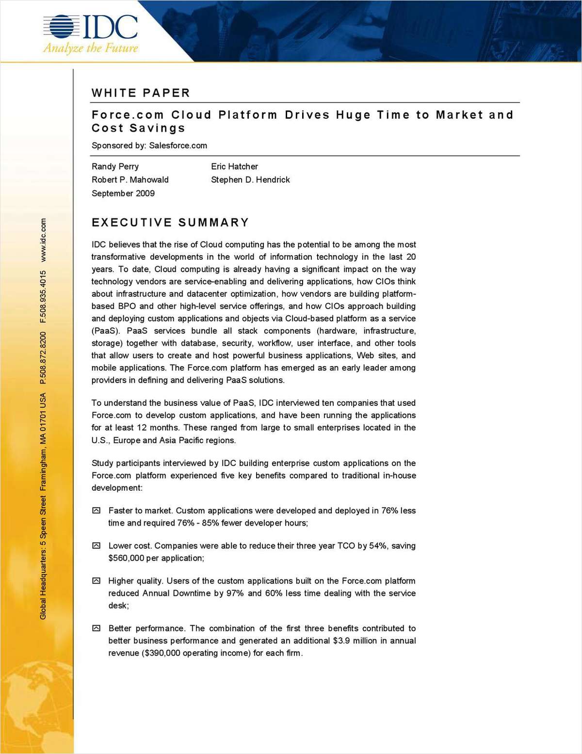 IDC White Paper:  Force.com Cloud Platform Drives Huge Time to Market and Cost Savings