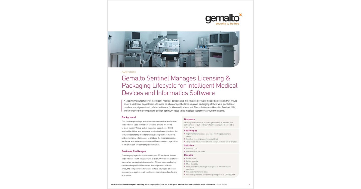 Sentinel Manages Licensing & Packaging Lifecycle for Intelligent Medical Devices and Informatics Software
