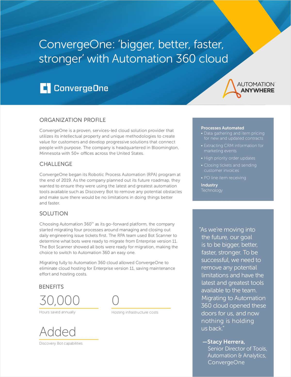 How did ConvergeOne save maintenance effort and hosting costs with Automation 360 cloud migration?