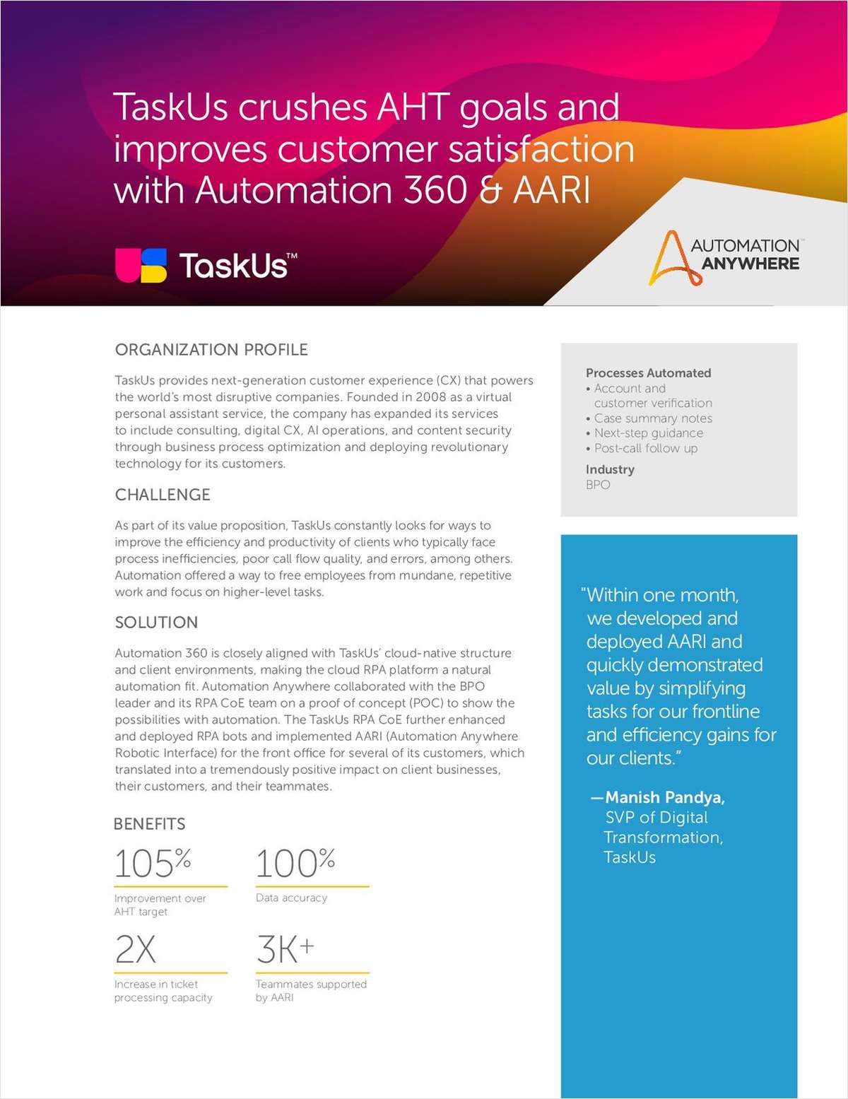 With Automation 360 & AARI, TaskUs crushes AHT goals and improves customer satisfaction