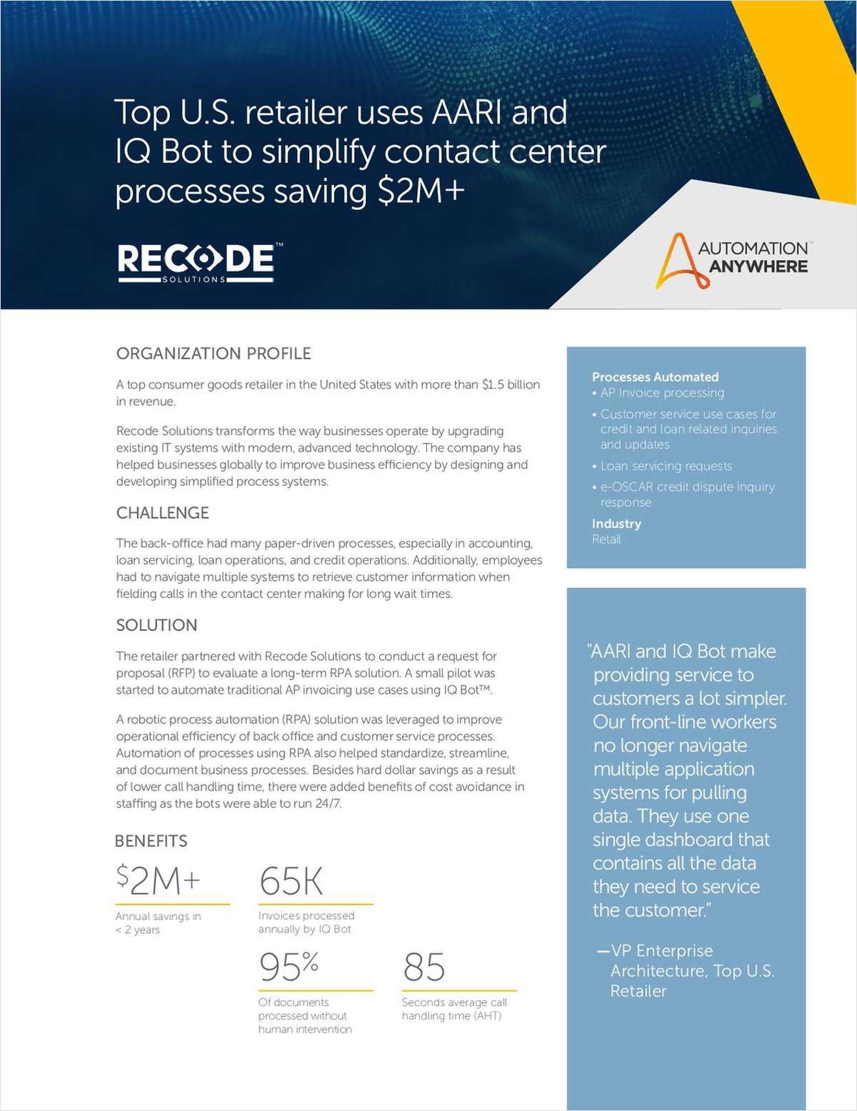 Top U.S. retailer simplifies contact center processes with AARI and IQ Bot, saving $2M+