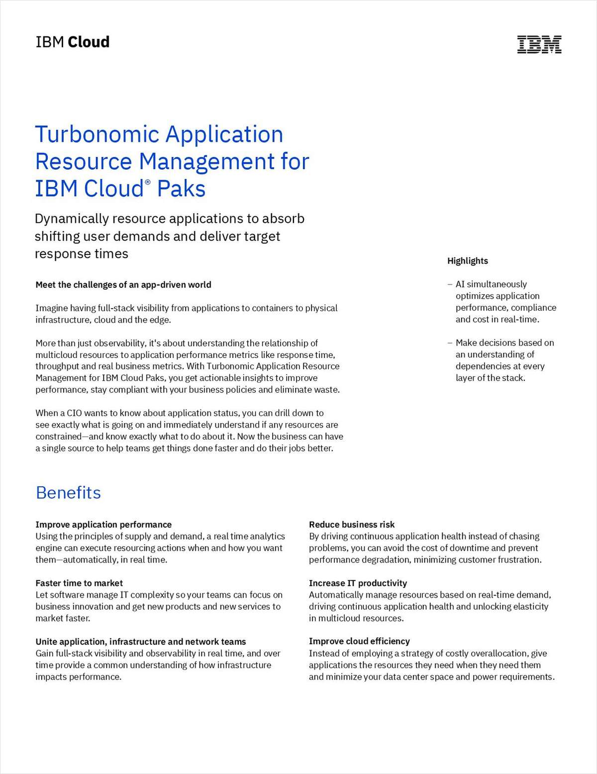 Turbonomic Application Resource Management for IBM Cloud® Paks
