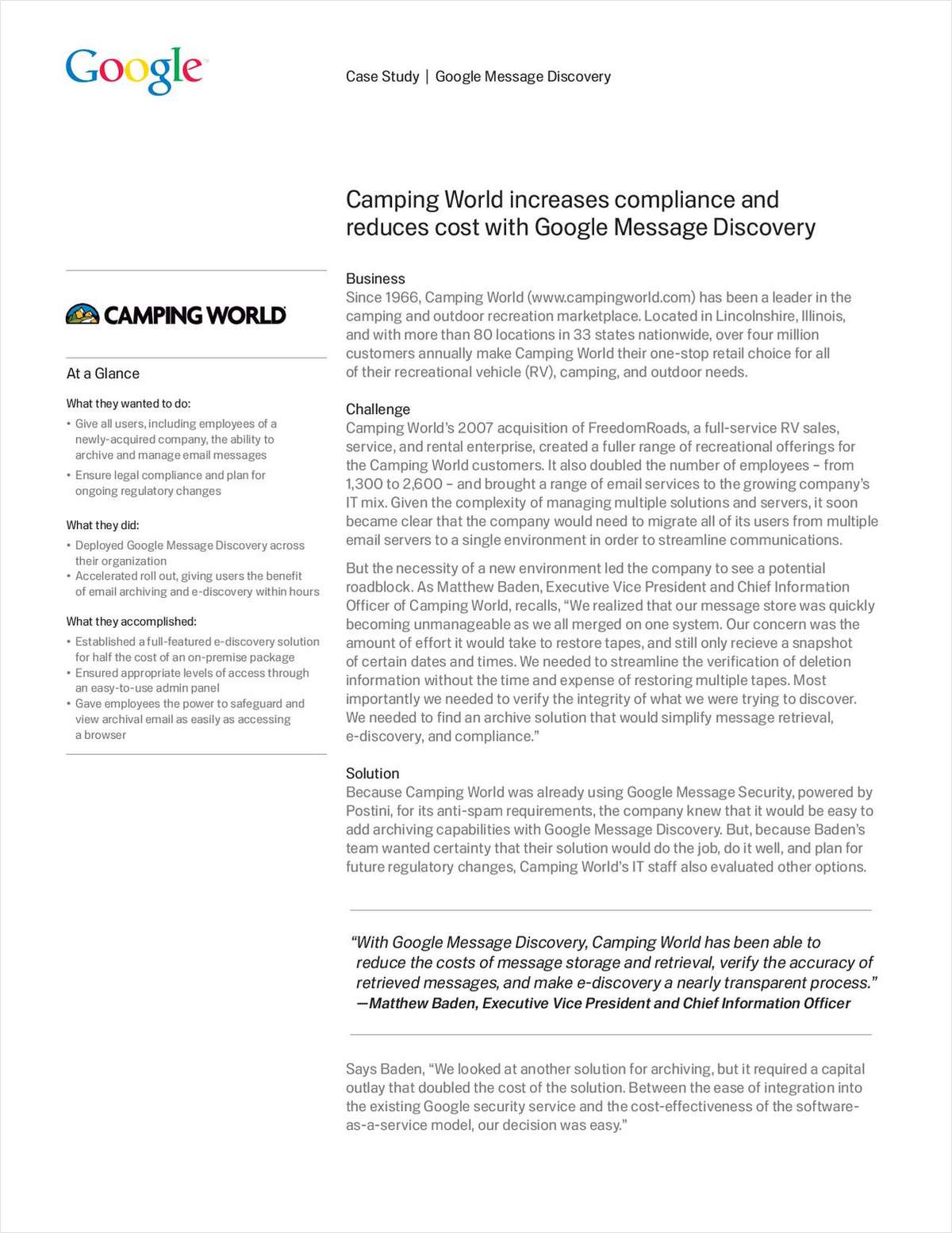 Camping World Increases Compliance and Reduces Cost with Google Message Discovery