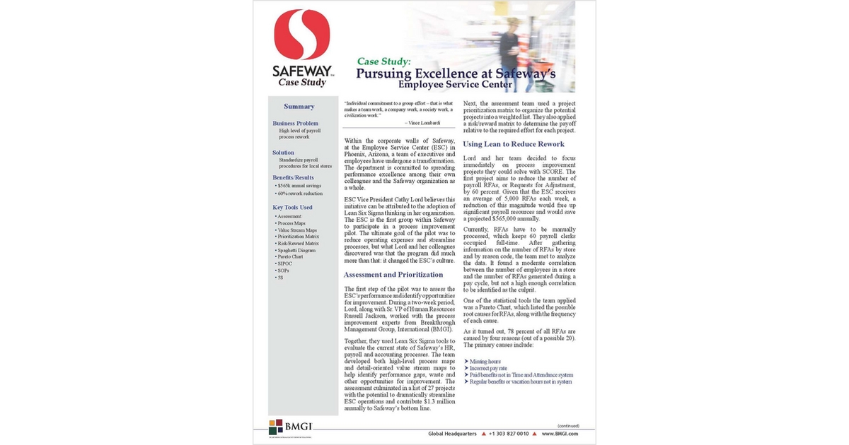 Case Study: Pursuing Excellence at Safeway's Employee Service Center