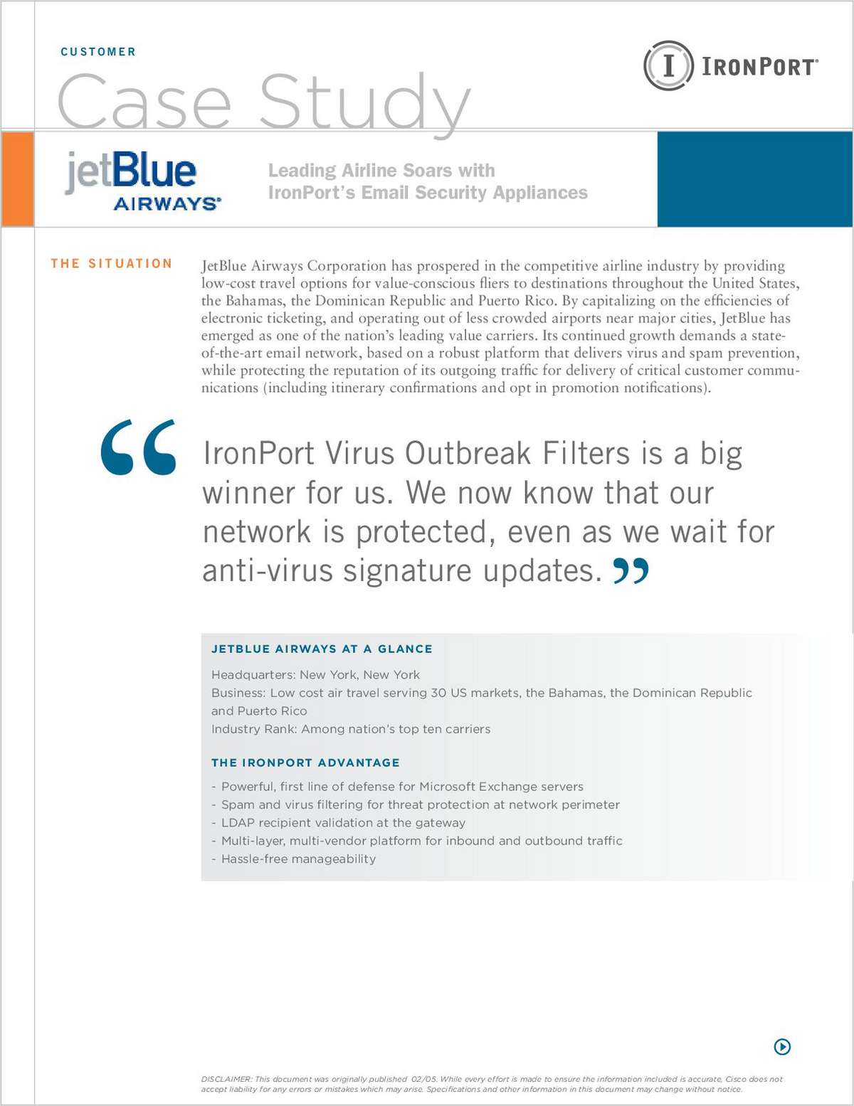 Leading Airline Soars with IronPort's Email Security Appliances – JetBlue Case Study