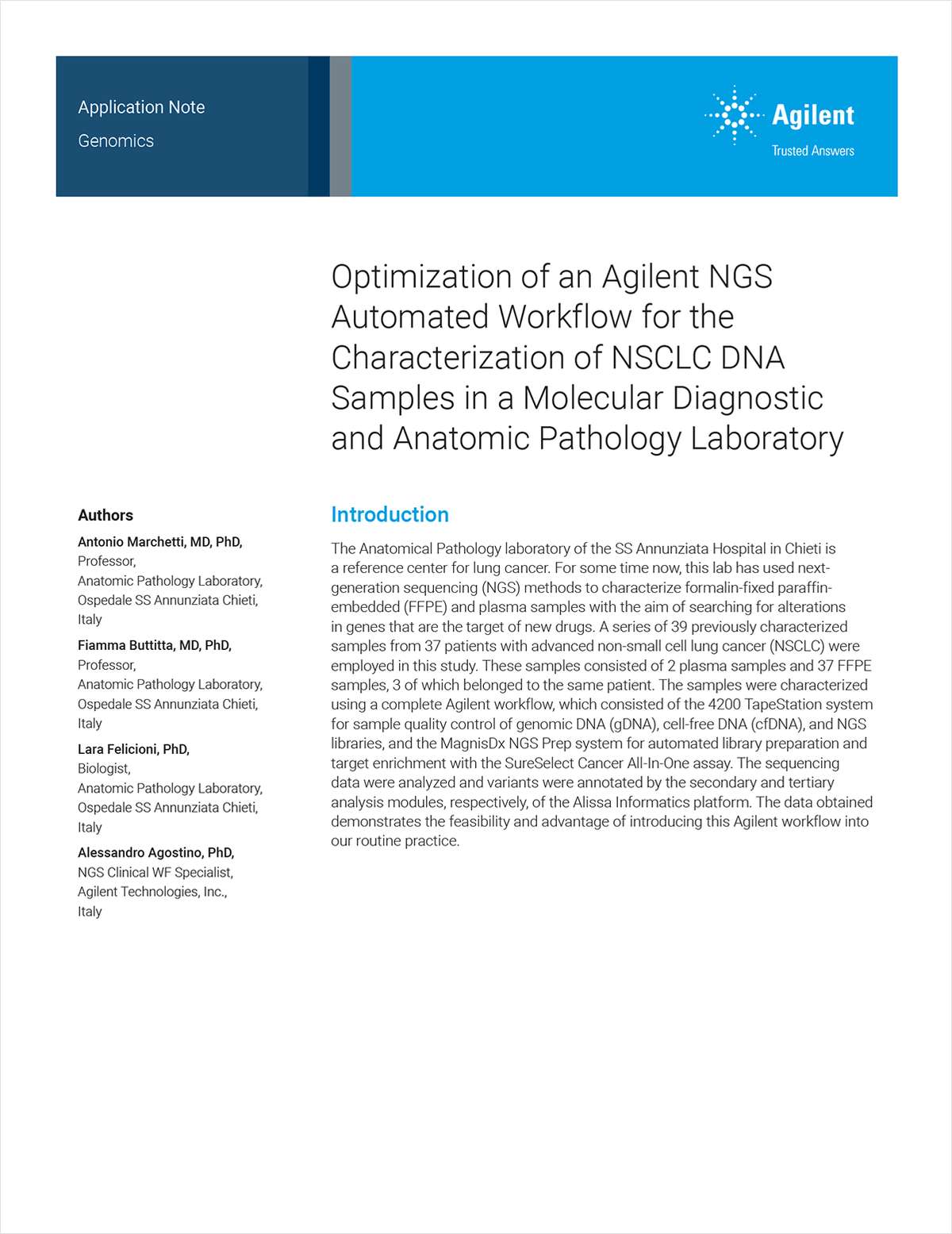Optimization of an Agilent NGS Automated Workflow for the Characterization of NSCLC DNA Samples in a Molecular Diagnostic and Anatomic Pathology Laboratory