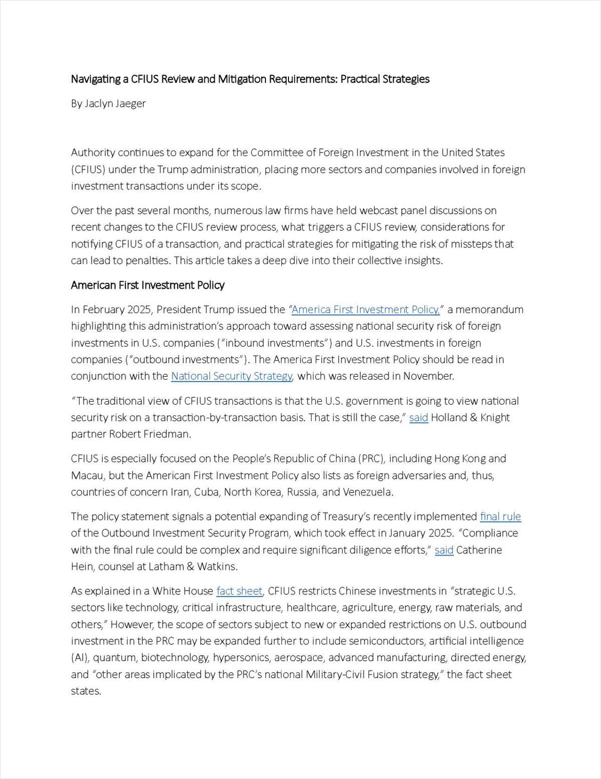 Navigating a CFIUS Review and Mitigation Requirements: Practical Strategies