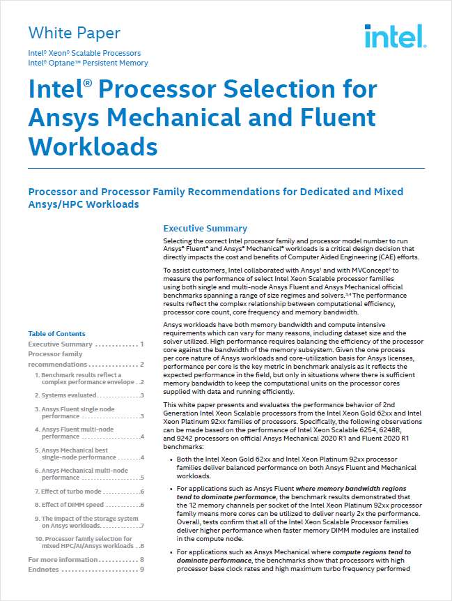 Intel Processor Selection for Ansys Mechanical and Fluent Workloads
