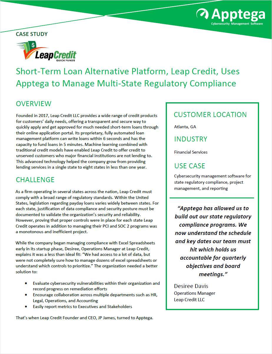 Short-Term Loan Alternative Platform, Leap Credit, Uses Apptega to Manage Multi-State Regulatory Compliance
