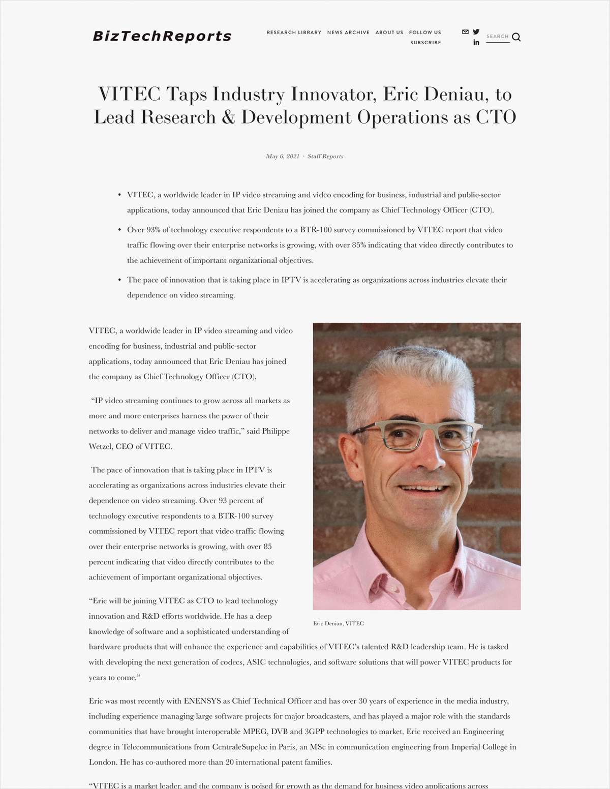 VITEC Taps Industry Innovator, Eric Deniau, to Lead Research & Development Operations as CTO