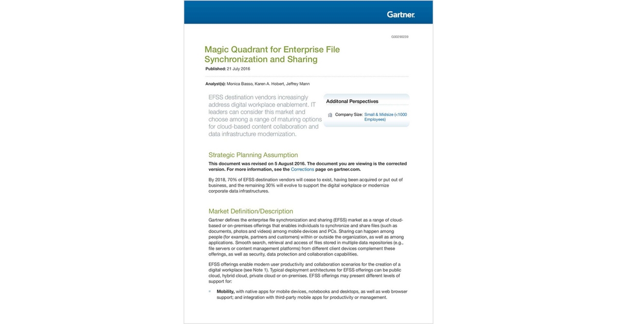 Gartner Magic Quadrant for Enterprise File Synchronization and Sharing