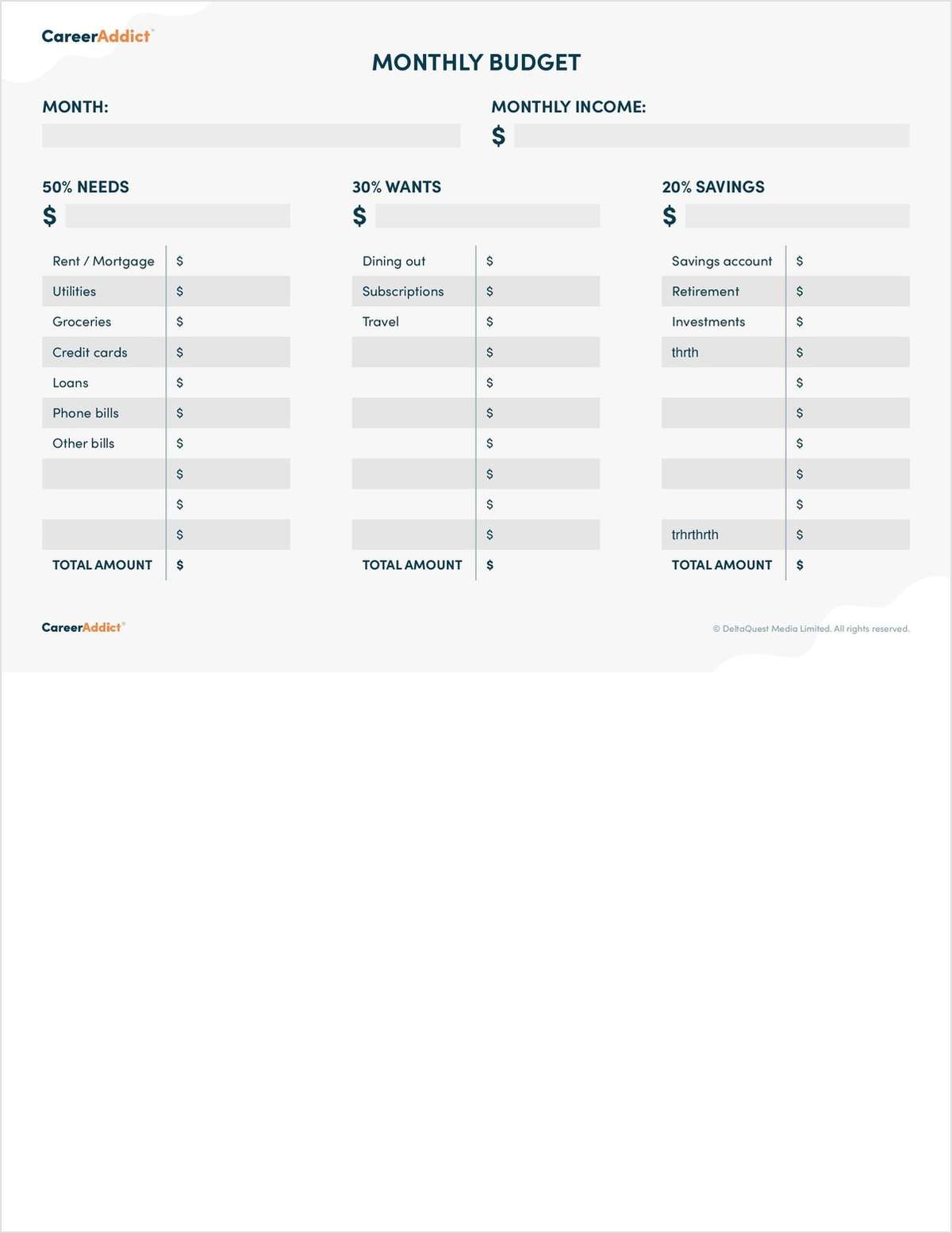 Monthly Budget Sheet