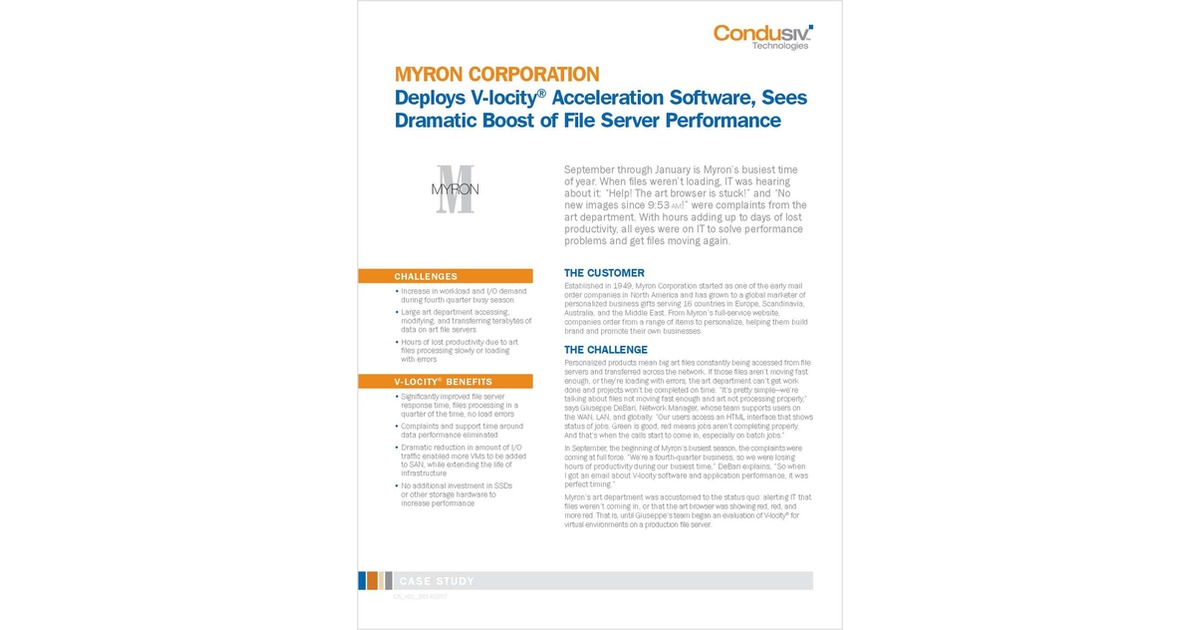 MYRON CORPORATION Deploys V-locity® I/O Reduction Software, Sees Dramatic Boost of File Server Performance