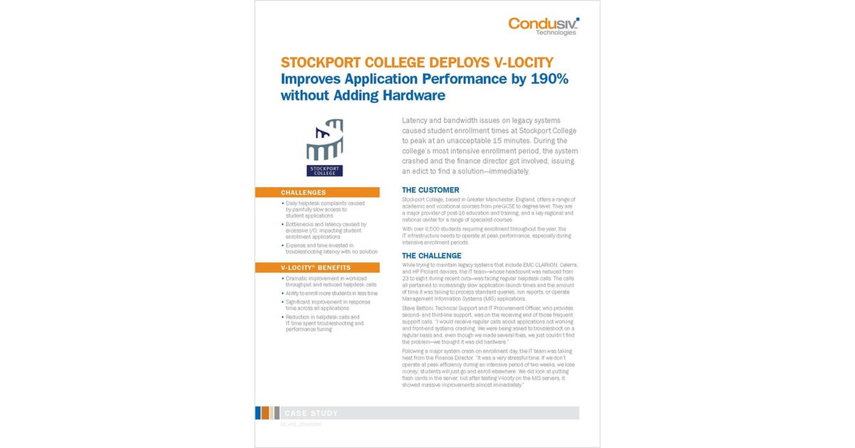 Stockport College Deploys V-locity and Improves Application Performance by 190% without Adding Hardware