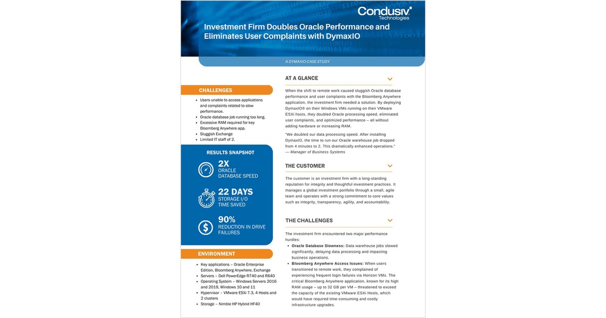 Investment Firm Doubles Oracle Performance and Eliminates User Complaints with DymaxIO