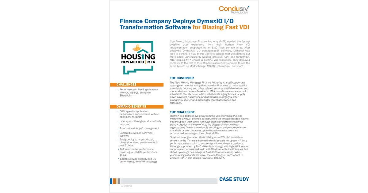 Finance Company Deploys DymaxIO I/O Transformation Software for Blazing Fast VDI