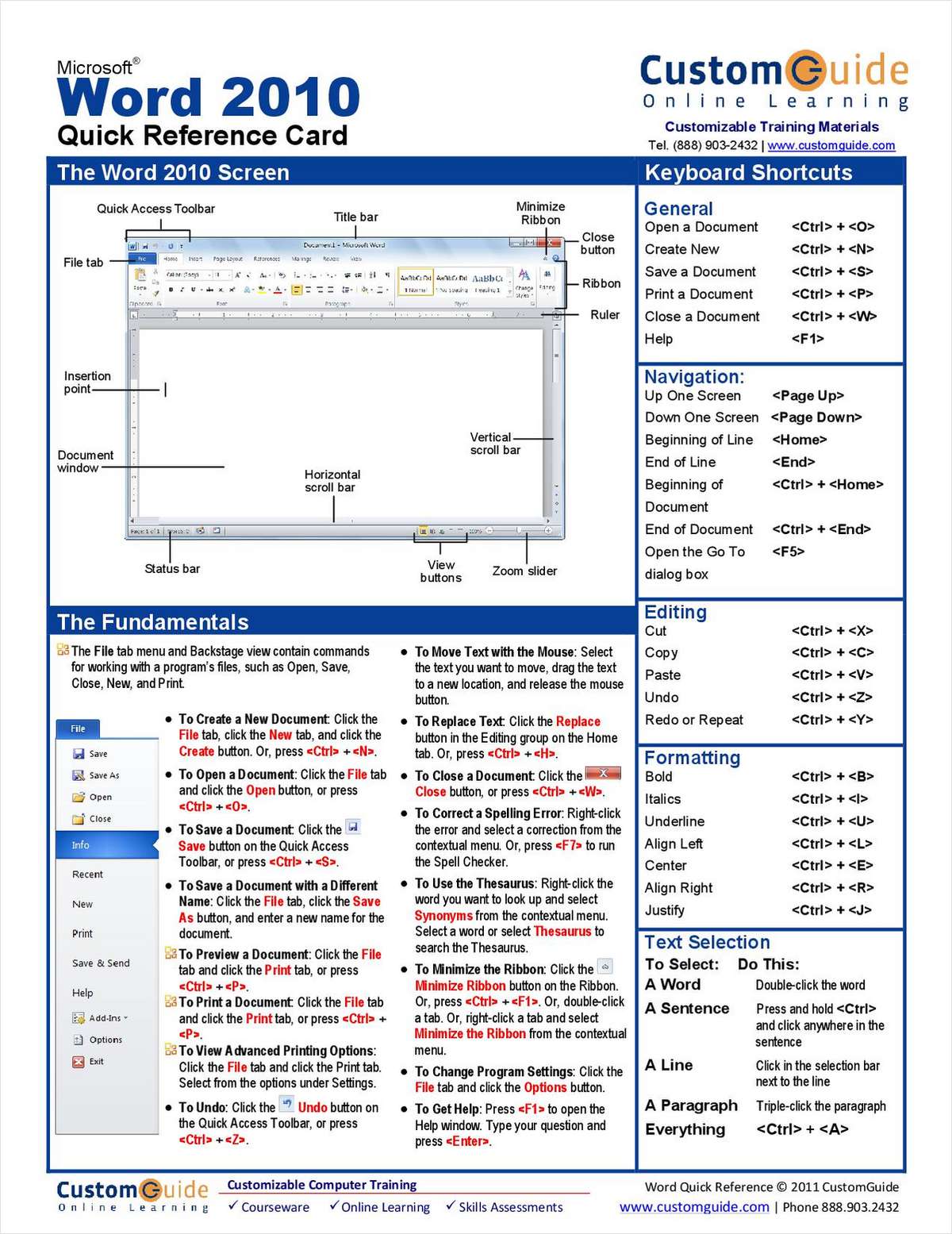 Microsoft Word 2010 - Free Quick Reference Card Free Reference Card