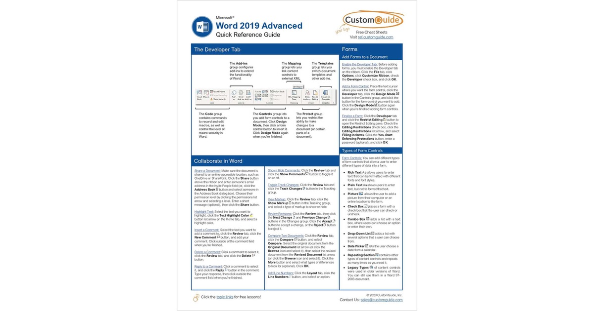 Microsoft Word 2019 Advanced -- Free Reference Card