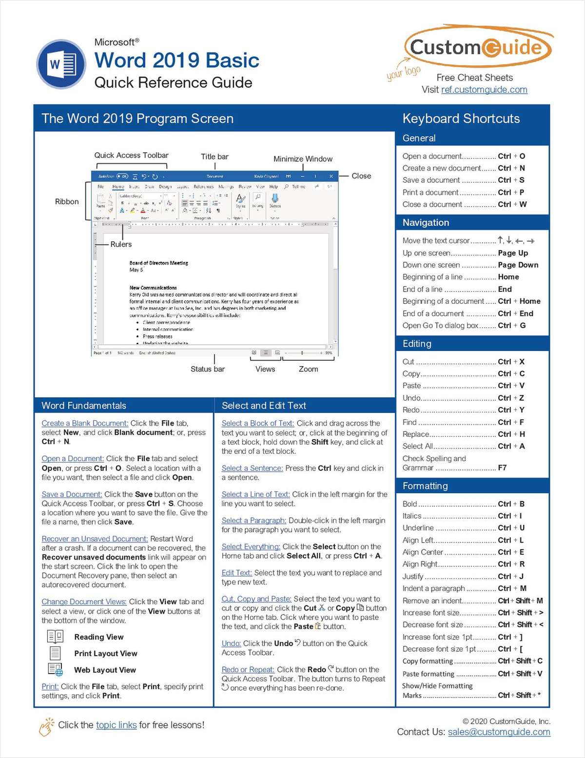 Microsoft Word 2019 Basic -- Free Reference Card
