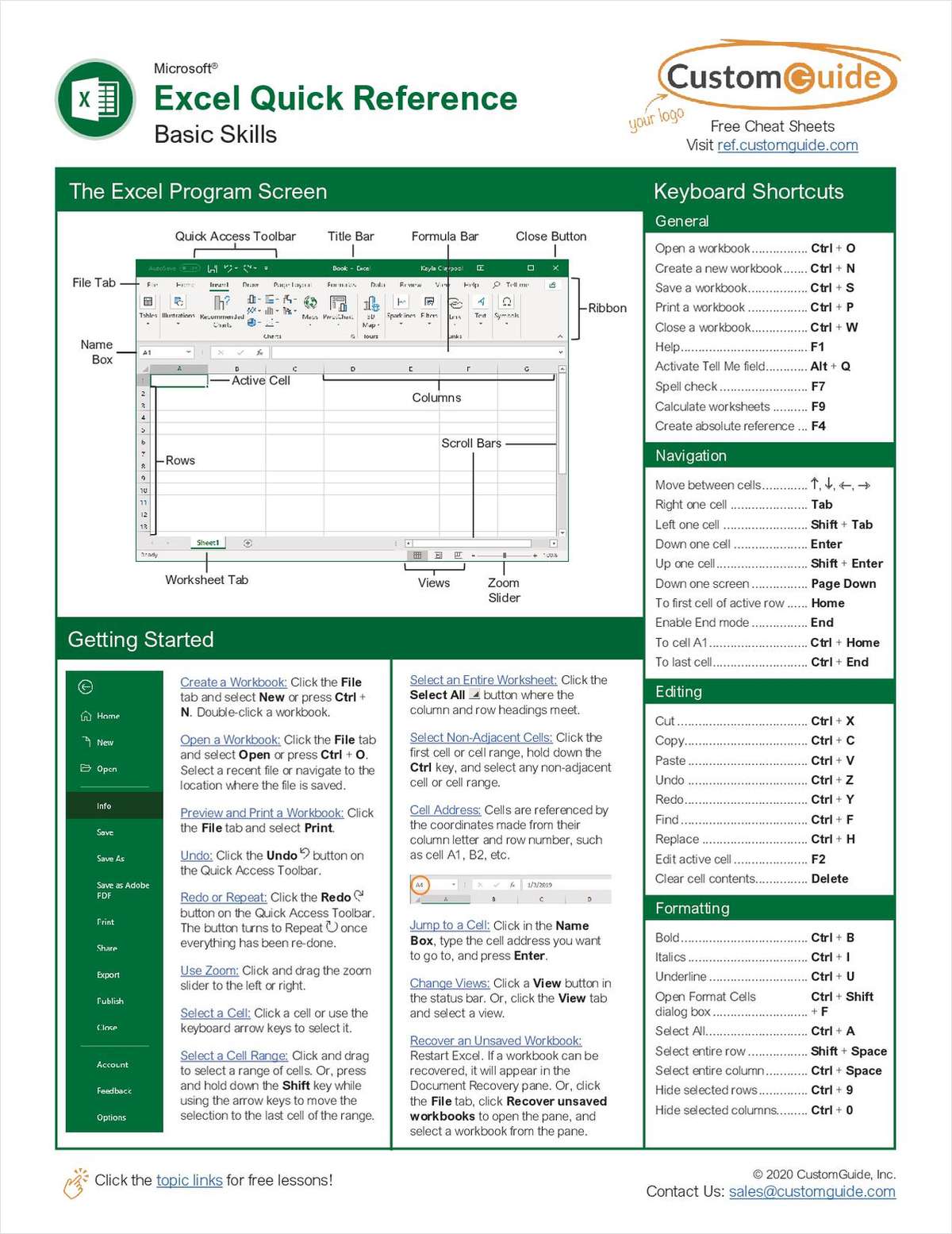 Microsoft Excel - Quick Reference Guide Free Kit