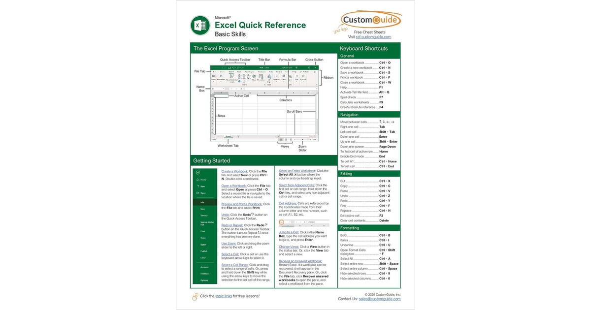 Microsoft Excel - Quick Reference Guide, Free CustomGuide Kit