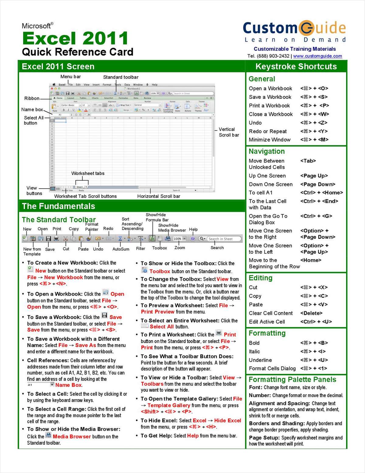 Microsoft Excel 2011 Free Quick Reference Card Free Reference Card