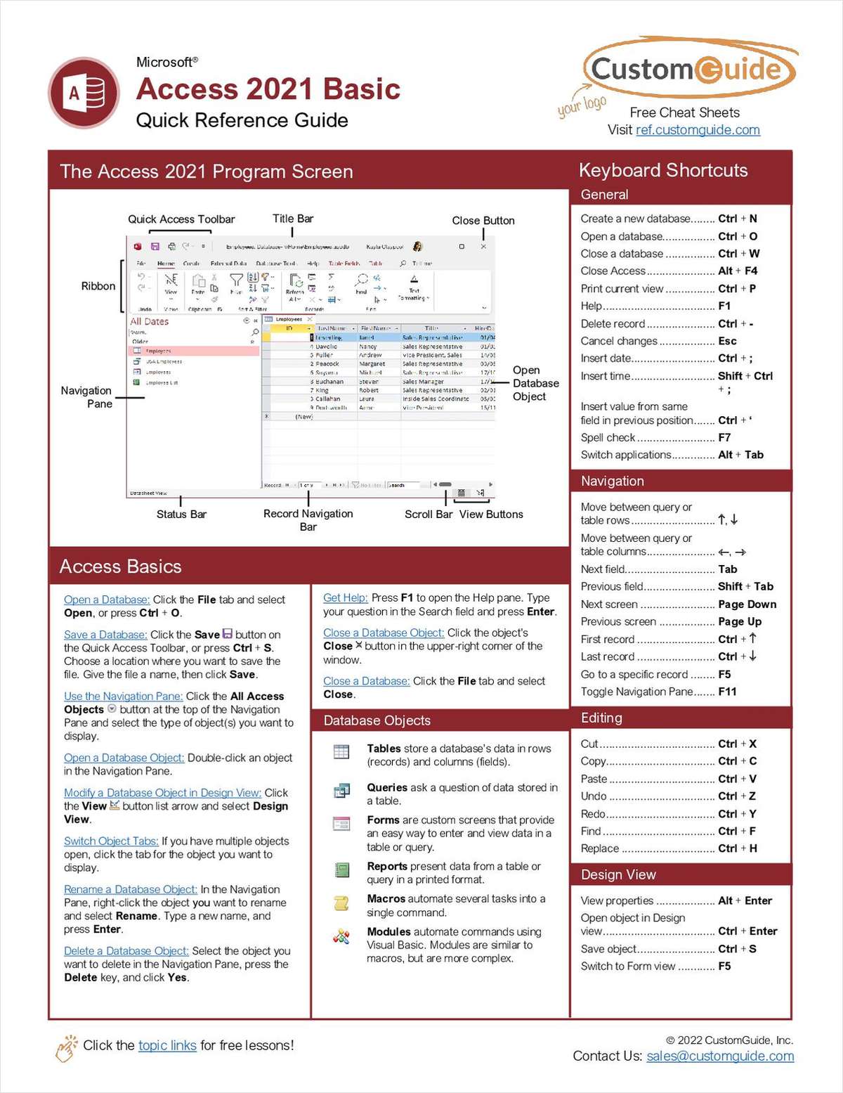 Microsoft Access 2021 Basic - Free Quick Reference Card