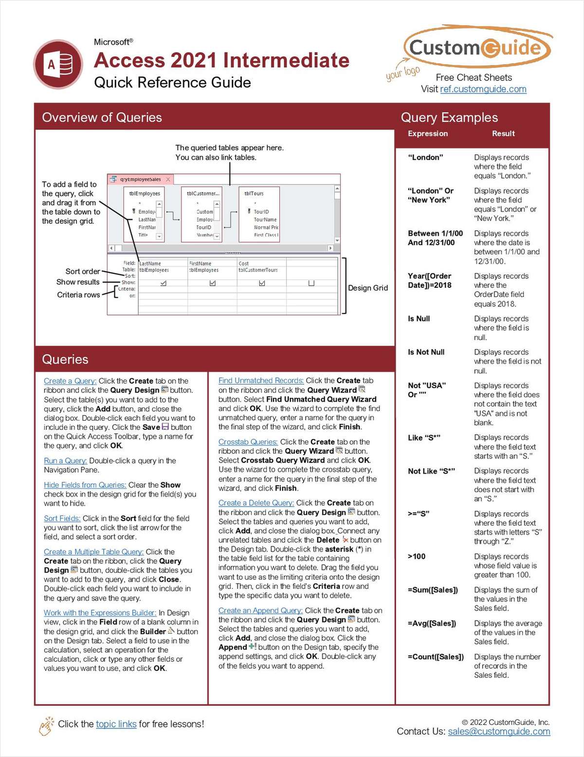 Microsoft Access 2021 Intermediate - Free Quick Reference Card