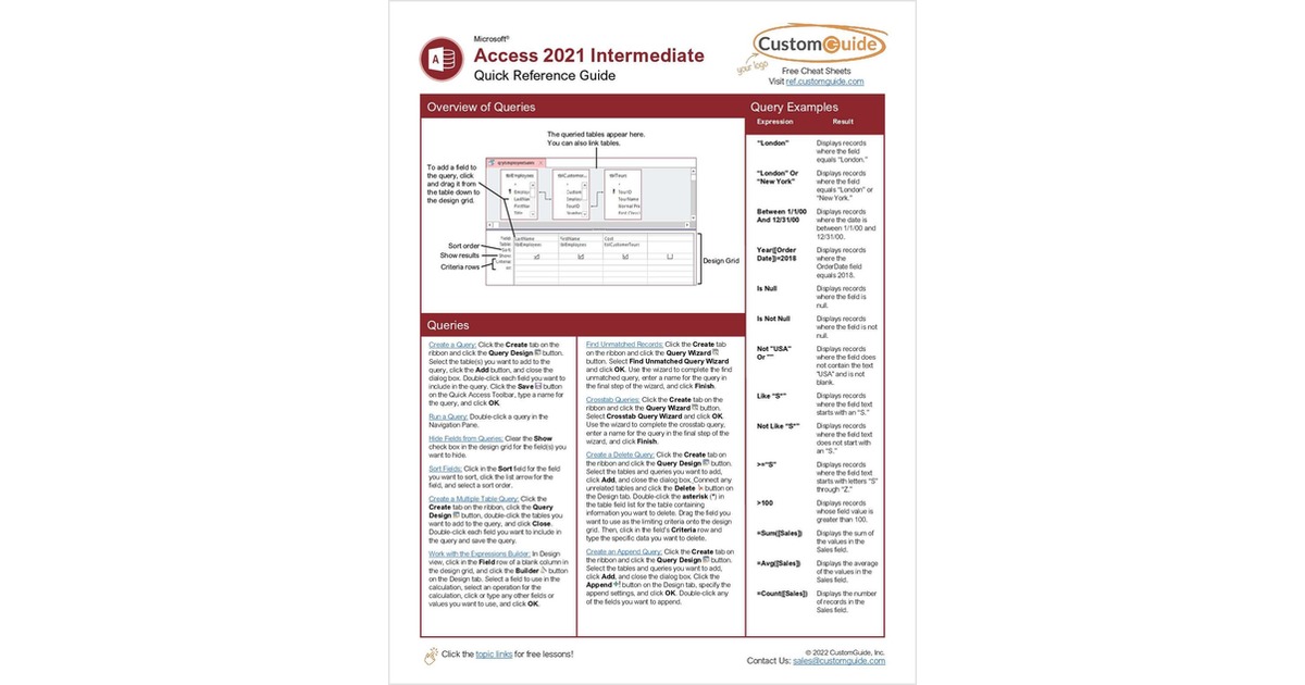 Microsoft Access 2021 Intermediate - Free Quick Reference Card