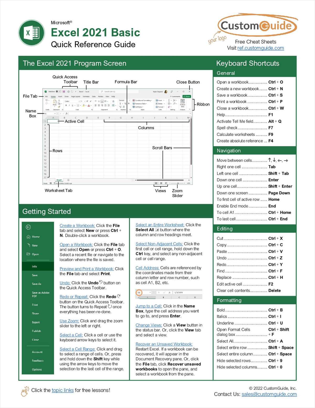 Microsoft Excel 2021 Basic -- Quick Reference Guide