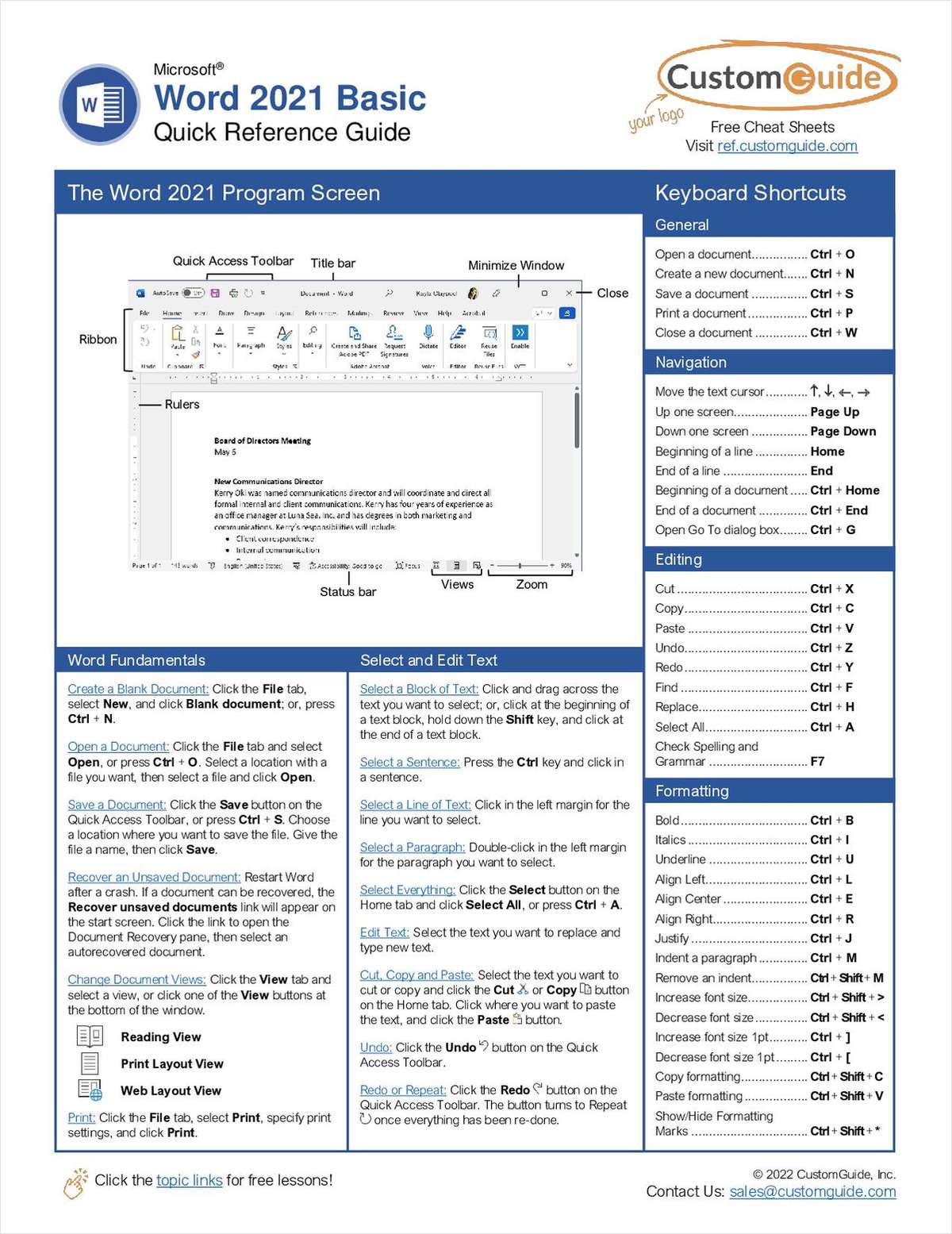Microsoft Word 2021 Basic -- Free Reference Card