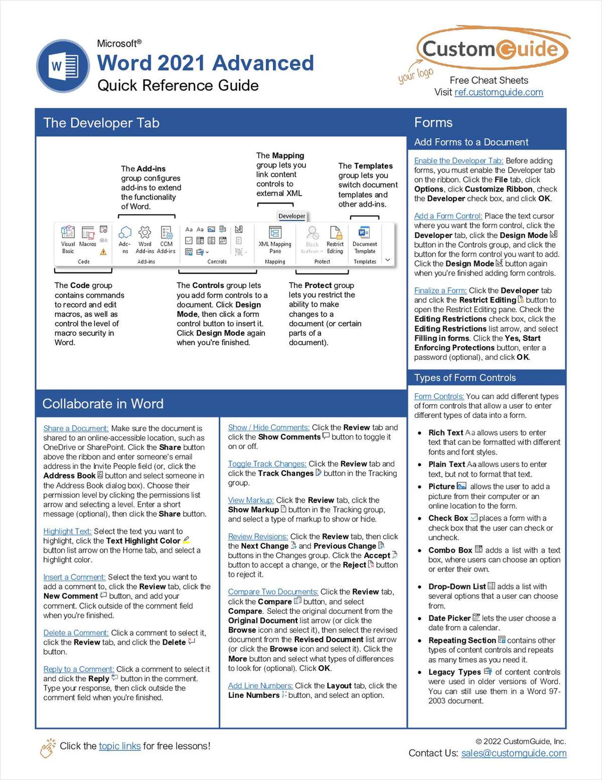 Microsoft Word 2021 Advanced -- Free Reference Card