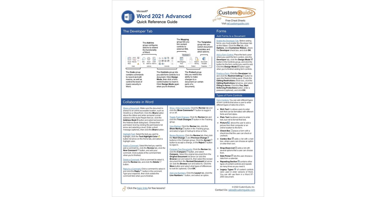 Microsoft Word 2021 Advanced -- Free Reference Card