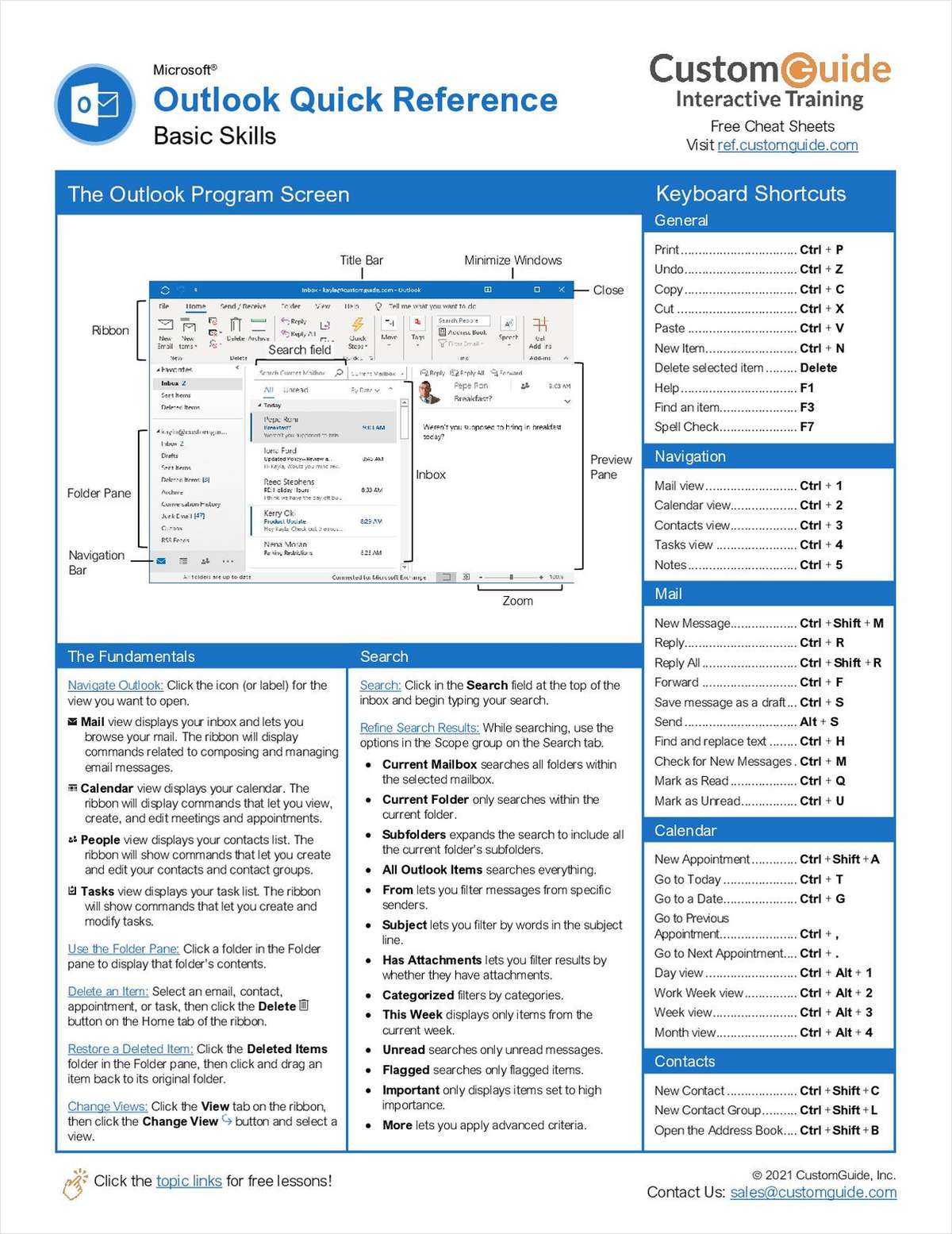 Microsoft Outlook 2021 Basic - Quick Reference Card