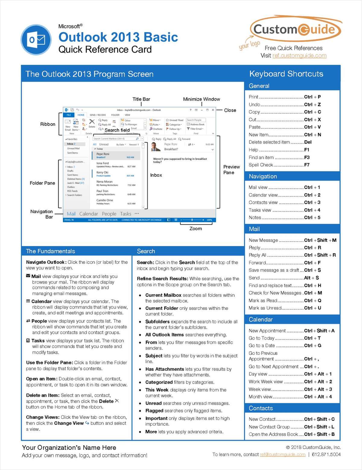 Microsoft Outlook 2013 Basic -- Free Quick Reference Card