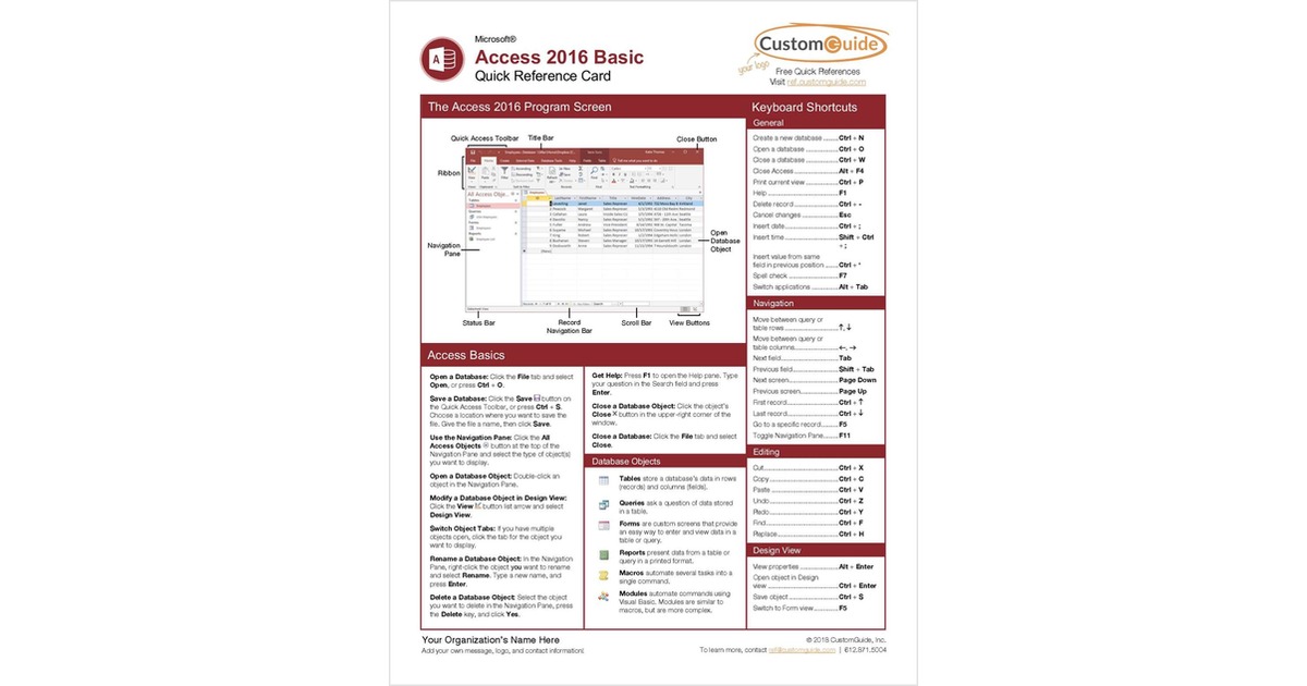 Microsoft Access 2016 Basic - Free Quick Reference Card