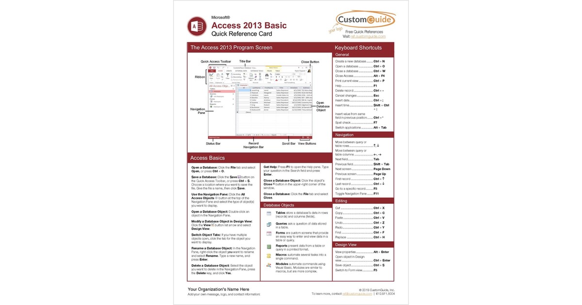 Microsoft Access 2013 Basic - Free Quick Reference Card