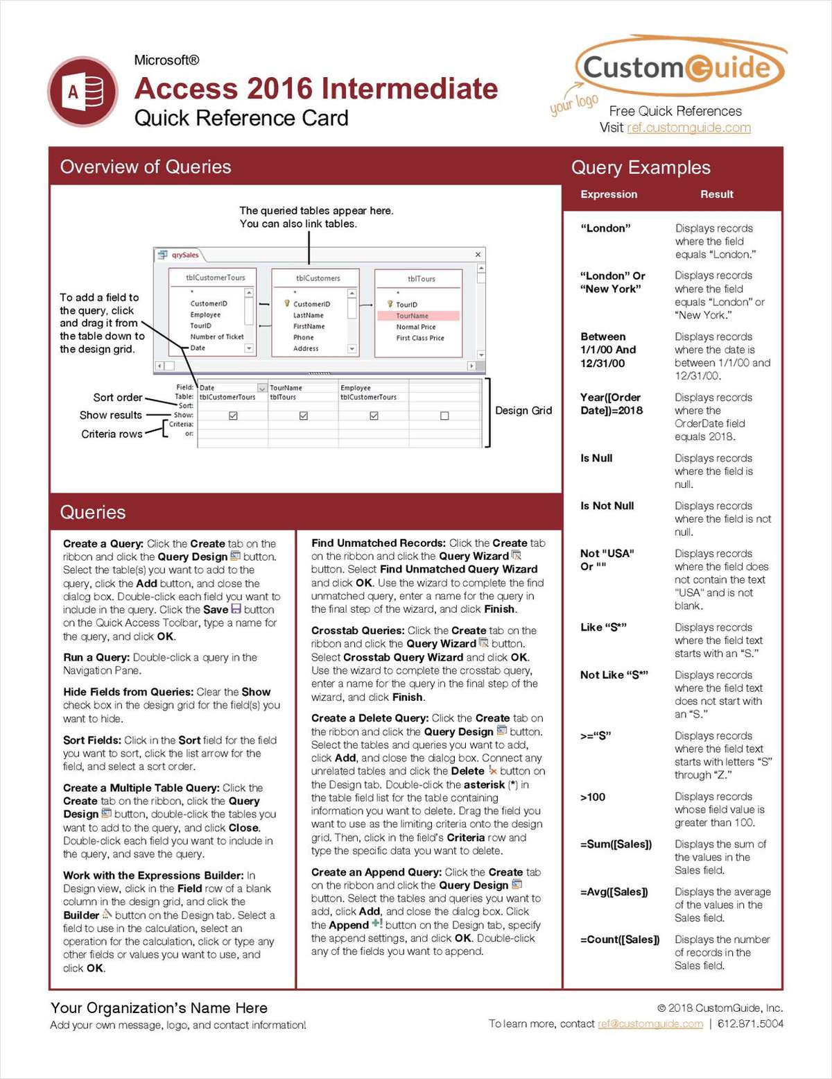 Microsoft Access 2016 Intermediate - Free Quick Reference Card