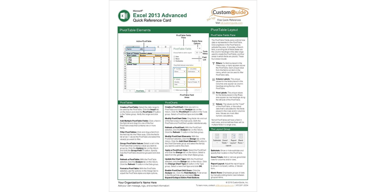 Microsoft Excel 2013 Advanced - Quick Reference Guide