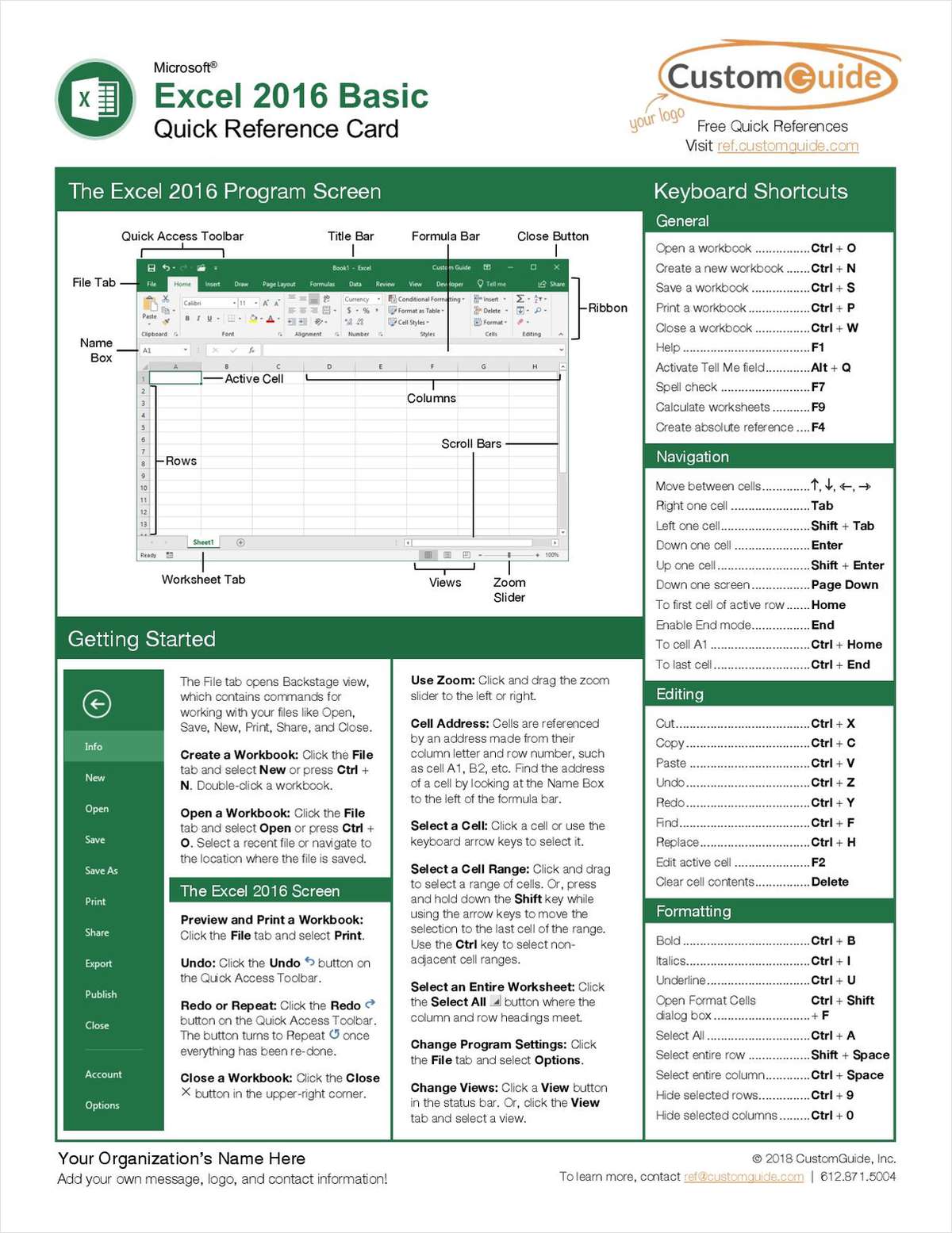 Microsoft Excel 2016 Basic - Quick Reference Guide