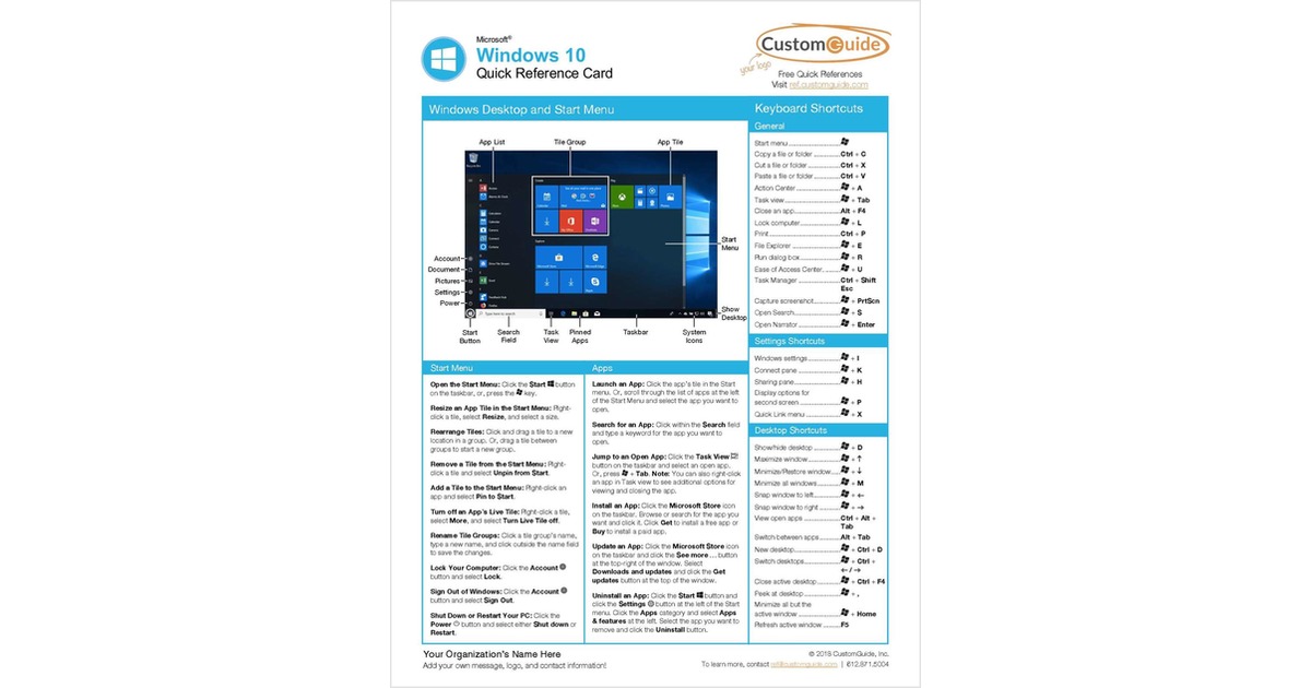 Microsoft Windows 10 - Quick Reference Card Free Guide