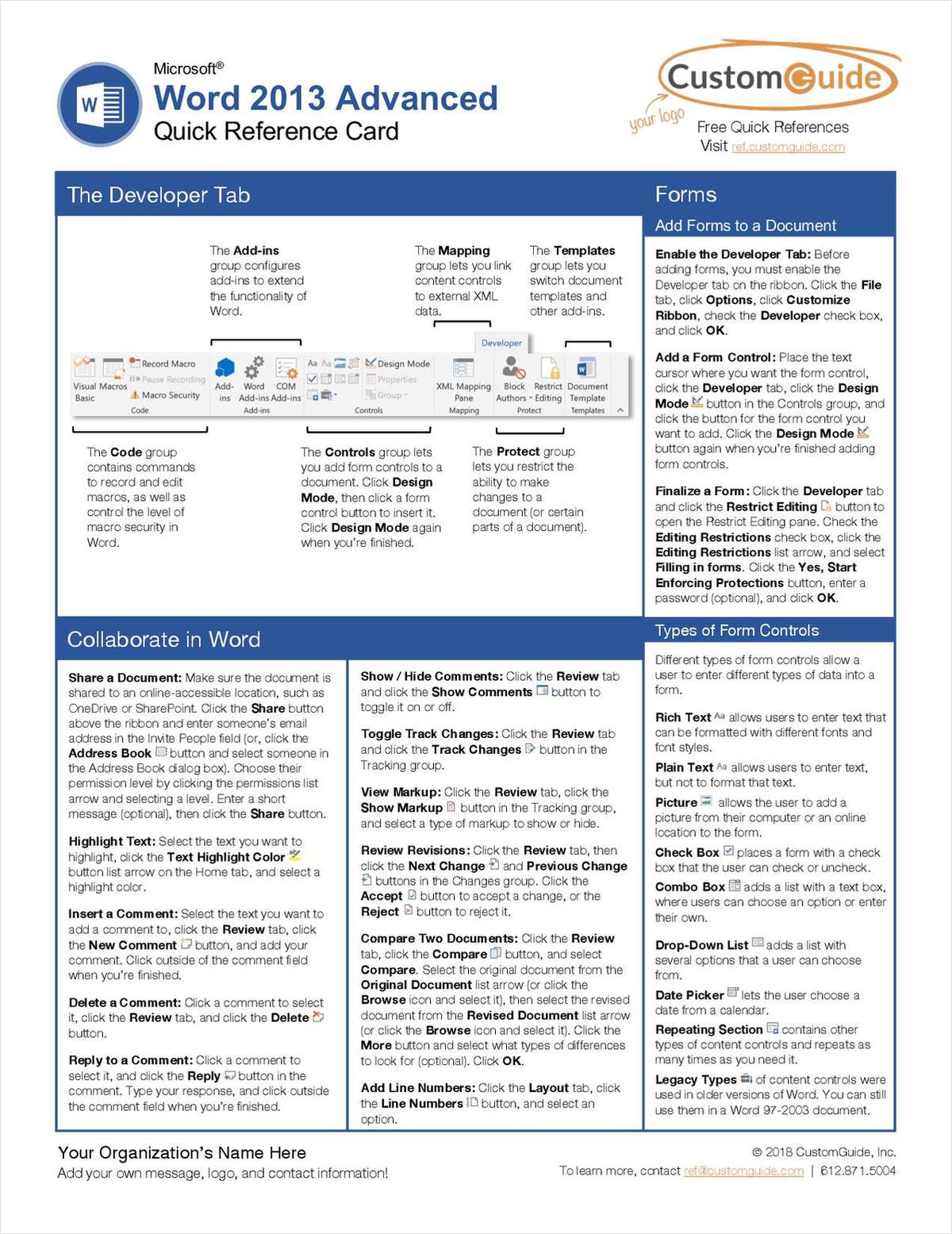 Microsoft Word 2013 Advanced - Quick Reference Card Free Guide